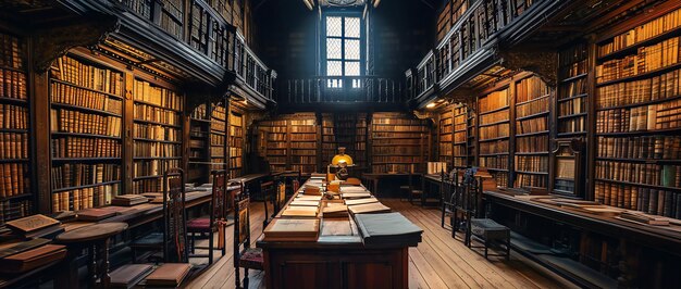 Hermosa arquitectura de biblioteca con estanterías gigantes de libros libros viejos en un estante de madera