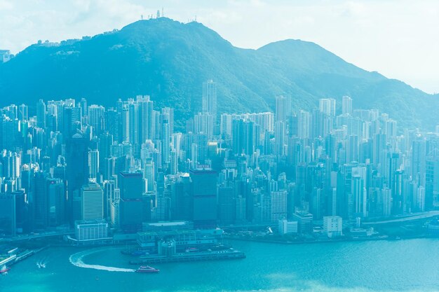 Foto hermosa arquitectura edificio exterior paisaje urbano de la ciudad de hong kong horizonte