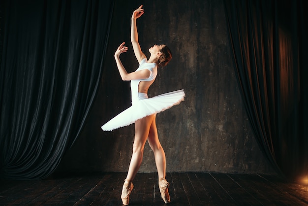 Hermosa bailarina agraciada bailando en clase. Entrenamiento de bailarina de ballet en el escenario.