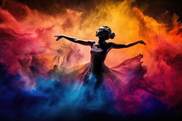 Foto hermosa bailarina bailando en humo colorido sobre fondo negro ai generado