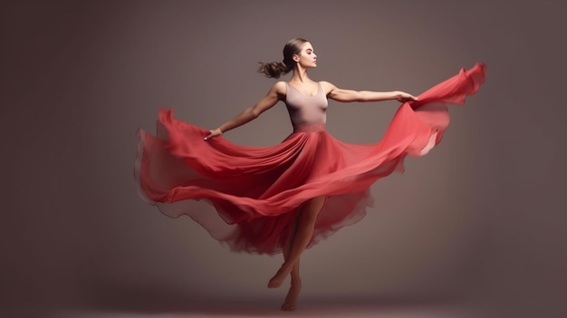 Hermosa bailarina generativa AI bailando un vestido largo rojo volando y en punta