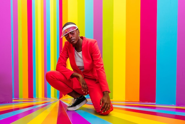 Hermosa bailarina joven afroamericana divirtiéndose dentro de una sala de caja de arco iris