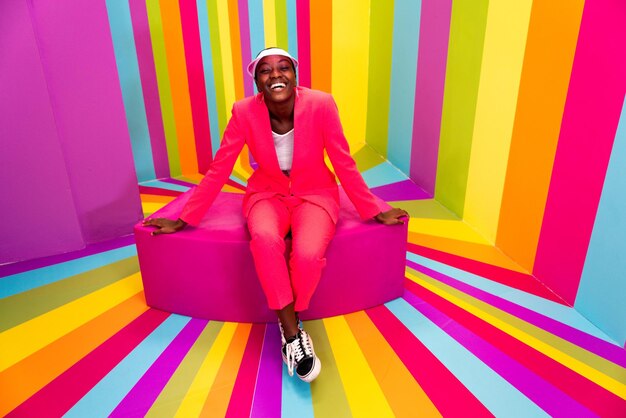 Hermosa bailarina joven afroamericana divirtiéndose dentro de una sala de caja de arco iris