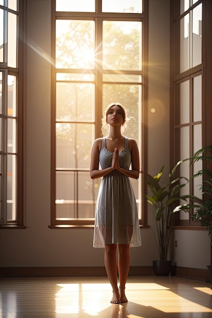 Hermosa bailarina joven en vestido elegante de pie cerca de la ventana en casa