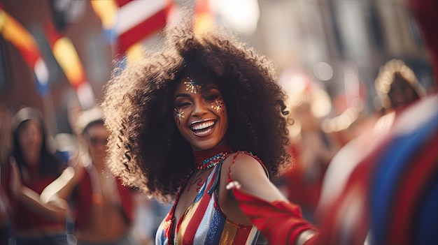 Hermosa bailarina de samba actúa en carnaval con banda