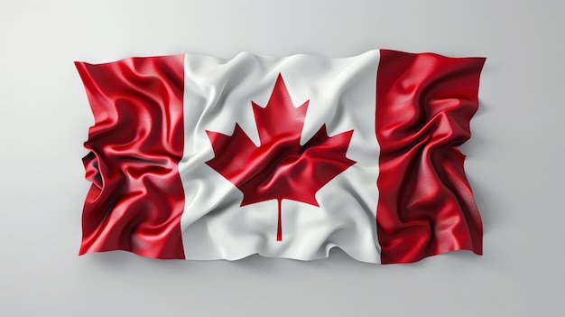 Una hermosa bandera de Canadá con una hoja de arce roja sobre un fondo blanco La bandera está ondeando en el viento y tiene una textura realista