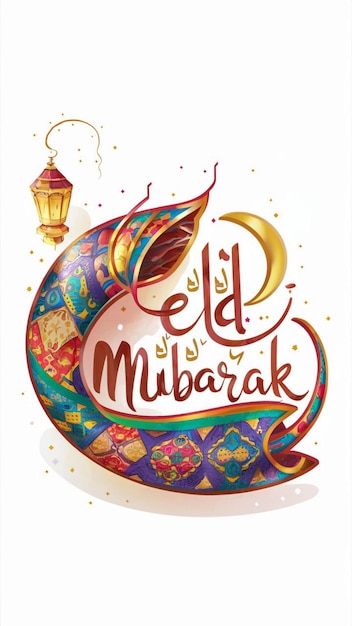 Una hermosa bandera de Eid Mubarak adornada con una linterna flotante y una luna creciente