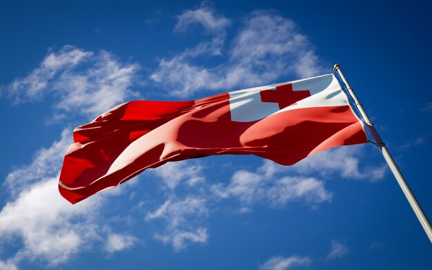 Hermosa bandera del estado nacional de Tonga ondeando en el cielo azul