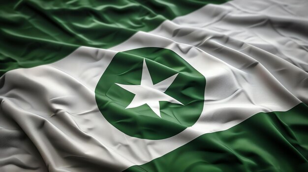 Una hermosa bandera con un fondo verde un círculo blanco en el medio y una estrella blanca en el medio del círculo
