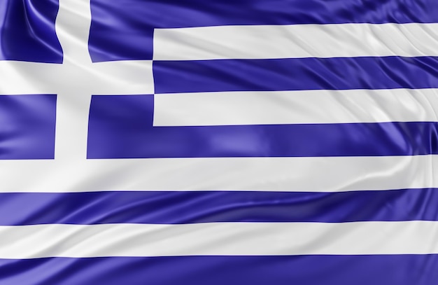 Hermosa bandera de Grecia Wave Close Up sobre fondo de banner con espacio de copia., Modelo 3d e ilustración.