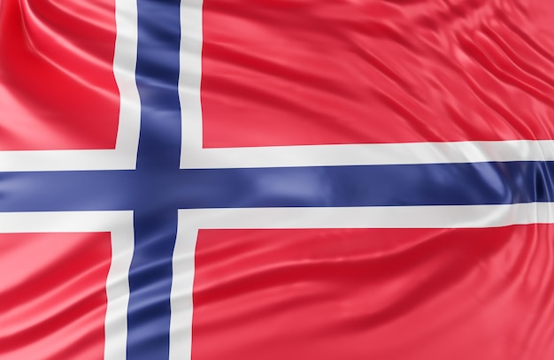 Hermosa bandera de Noruega Wave Close Up sobre fondo de banner con espacio de copia., Modelo 3d e ilustración.