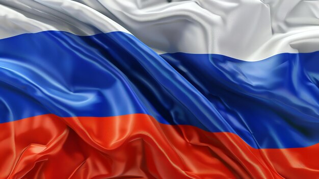 Una hermosa bandera rusa ondeando hecha de seda con una textura brillante La bandera está soplando en el viento y tiene un efecto 3D