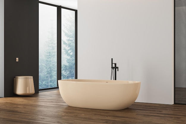 Hermosa bañera beige en la ventana panorámica del inodoro del baño moderno en reflejo. Representación 3d