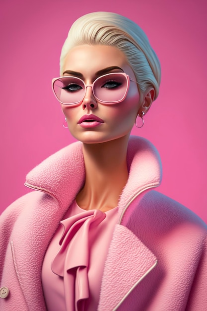 Una hermosa barbie con gafas de sol en el fondo rosa en el estilo realista