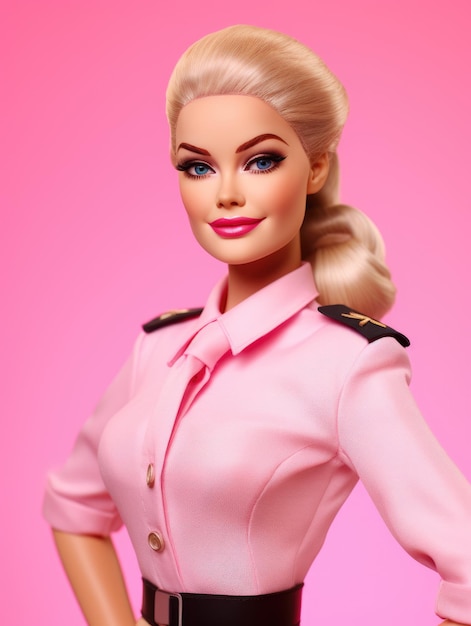 Hermosa barbie girl azafata en estilo rosa