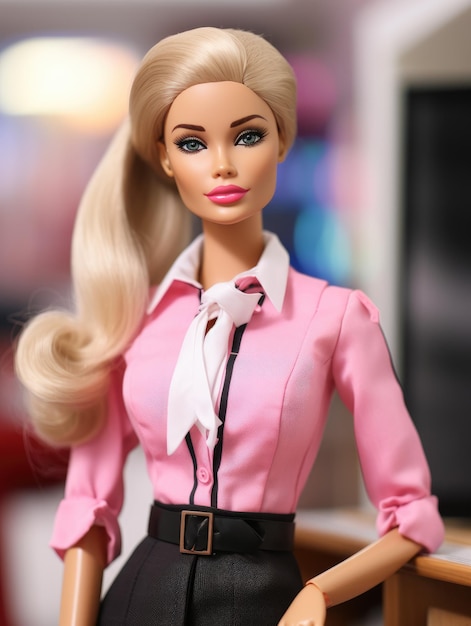 Hermosa barbie girl azafata en estilo rosa