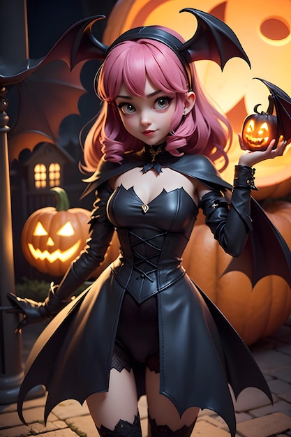 Hermosa batwoman con calabaza Halloween