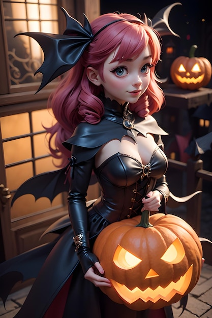 Hermosa batwoman con calabaza Halloween