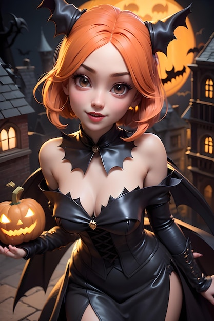 Hermosa batwoman con calabaza Halloween