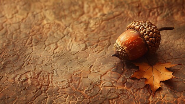 Foto una hermosa bellota se sienta en un suelo de tierra agrietada junto a una hoja caída la bellota es marrón y bronceada la hoja es naranja y marrón