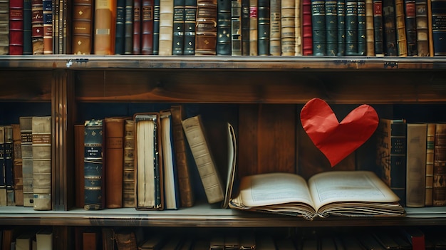 Una hermosa biblioteca con un corazón rojo La biblioteca está llena de libros de todos los colores y tamaños