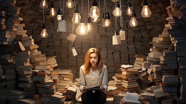 Una hermosa bibliotecaria sentada en una oficina vacía rodeada de libros y lámparas