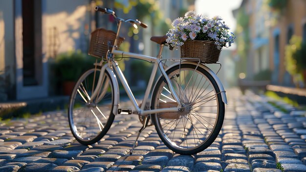 Foto una hermosa bicicleta con una canasta llena de flores estacionada en una calle de adoquines la bicicleta es blanca y las flores son coloridas