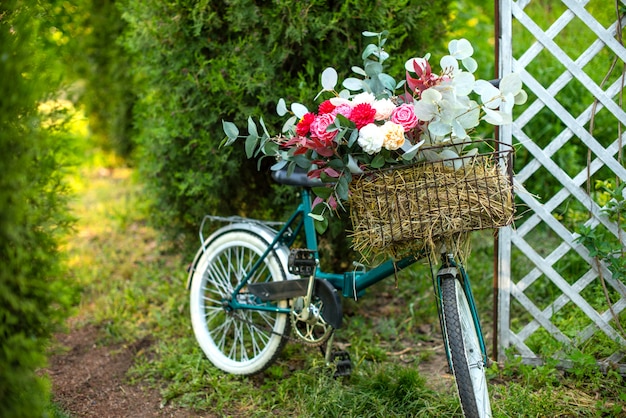 Hermosa bicicleta con flores en una cesta se encuentra en una avenida en un parque al atardecer