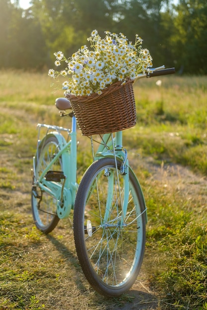 Hermosa bicicleta vintage con un ramo de flores silvestres en una canasta