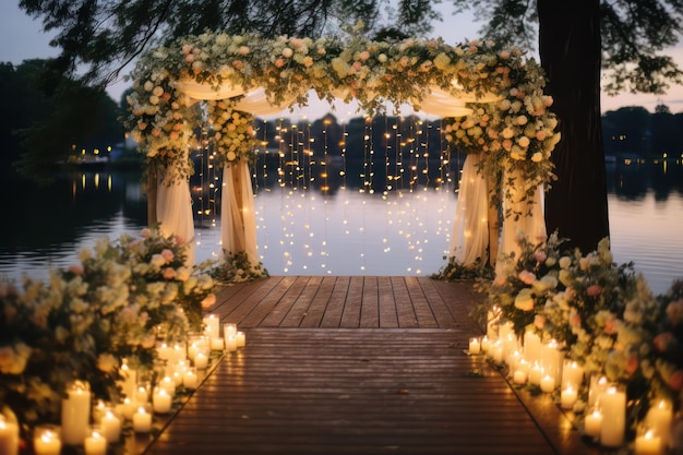 Una hermosa boda junto al lago con luces brillantes y un ambiente elegante que captura el momento encantador del amor.