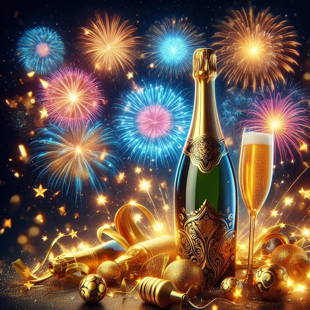 hermosa botella de champán dorada y roja celebración de Año Nuevo con champán celebración de año nuevo