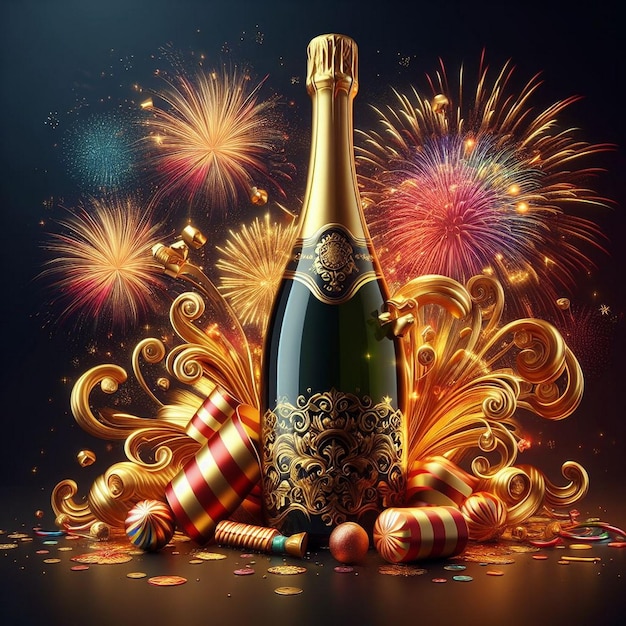 hermosa botella de champán dorada y roja celebración de Año Nuevo con champán celebración de año nuevo