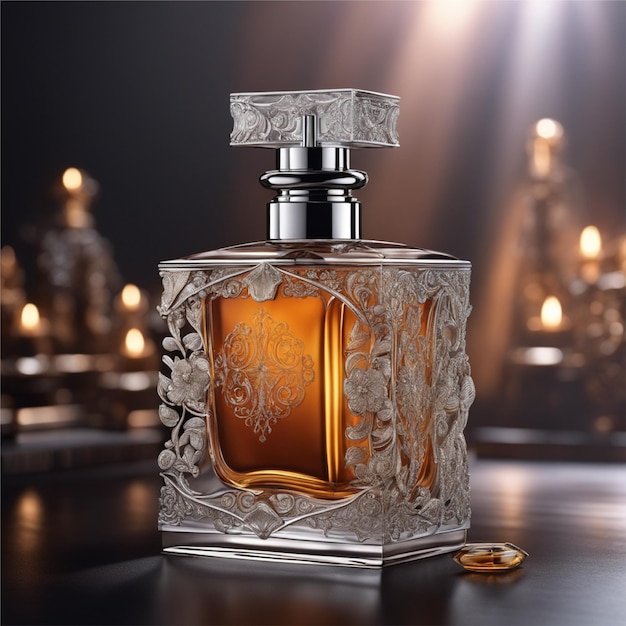 Una hermosa botella de perfume con agua en ella con una caja de lujo oscura presentada en un entorno oscuro