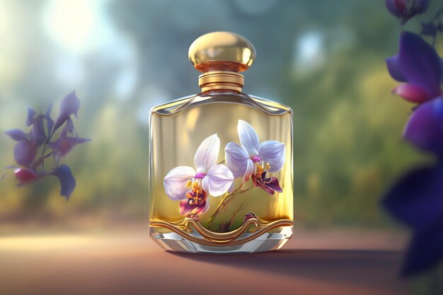 Hermosa botella de perfume de mujer con orquídeas Arte generado por redes neuronales