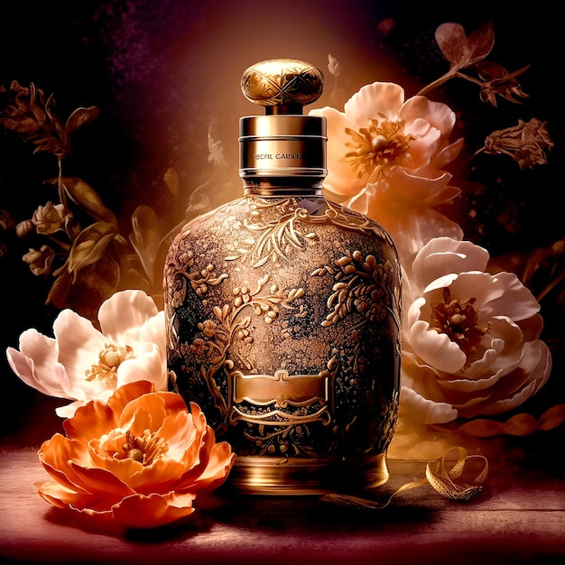 Una hermosa botella de perfume real vintage sobre un lujoso fondo oscuro floreciente