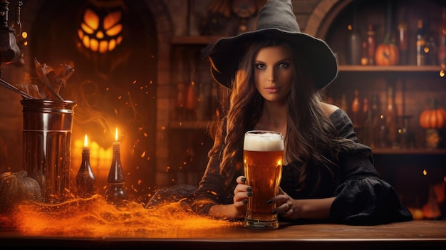 hermosa bruja disfrutando de una refrescante cerveza promociones de halloween eventos temáticos