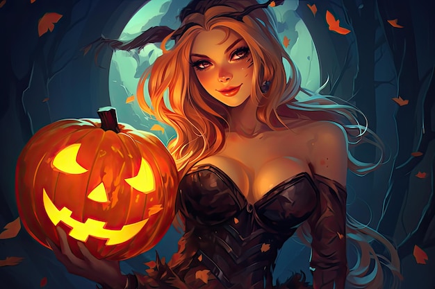 Hermosa bruja de halloween con calabaza Generado por AI