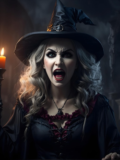 una hermosa bruja con un maquillaje aterrador gritando en la oscuridad de la noche