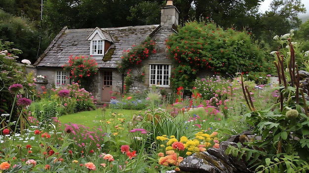 Una hermosa cabaña enclavada en un exuberante jardín lleno de flores de colores