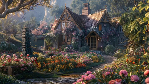 Una hermosa cabaña enclavada en un exuberante jardín lleno de flores de colores