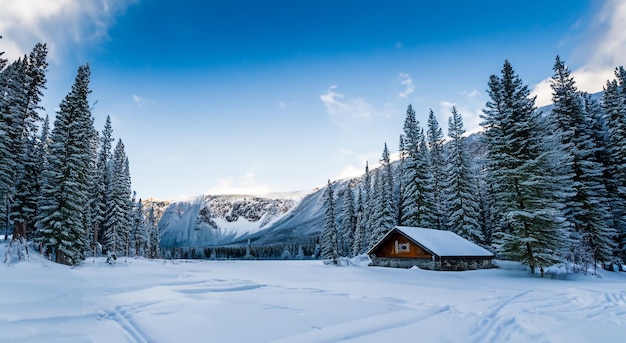 hermosa cabaña de madera con un gran lago en invierno en alta definición