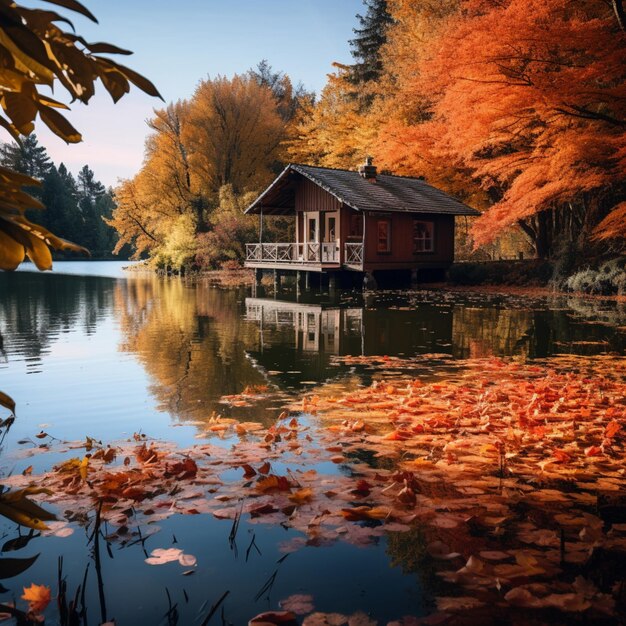 Hermosa cabaña de pesca lago automne imagen naranja y roja IA generativa