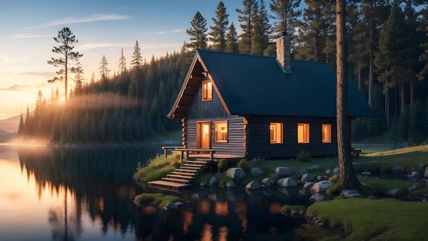 Una hermosa cabaña simple enclavada entre los árboles con vistas a un lago azul al amanecer