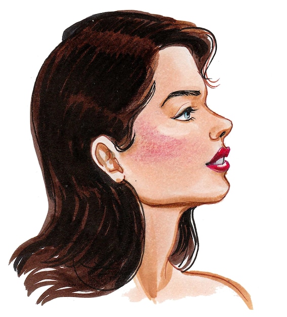 Hermosa cabeza de mujer. Dibujo a tinta y acuarela