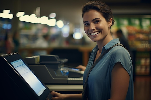 Hermosa cajera caucásica con una sonrisa