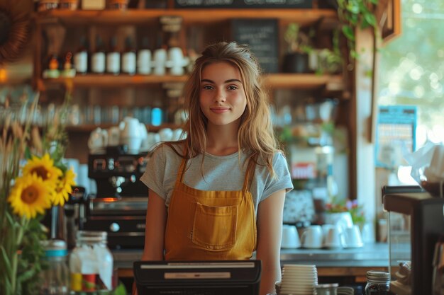 La hermosa cajera que trabaja en el mostrador Generativa Ai