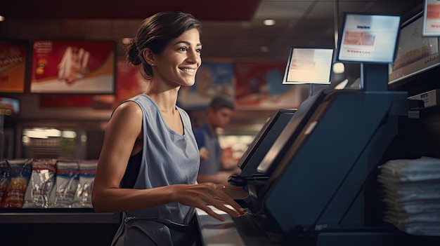 Foto hermosa cajera sonriente trabajando en una tienda de comestibles