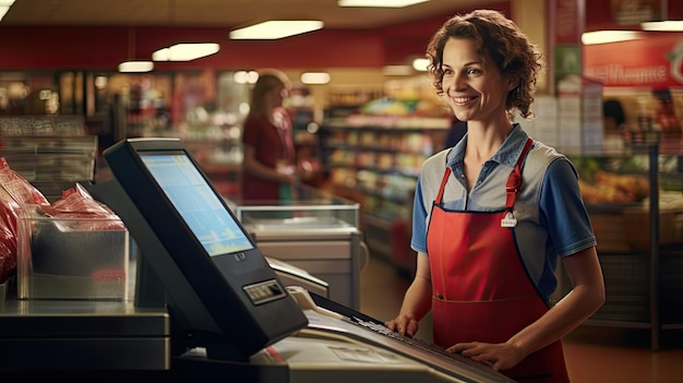 Foto hermosa cajera sonriente trabajando en una tienda de comestibles
