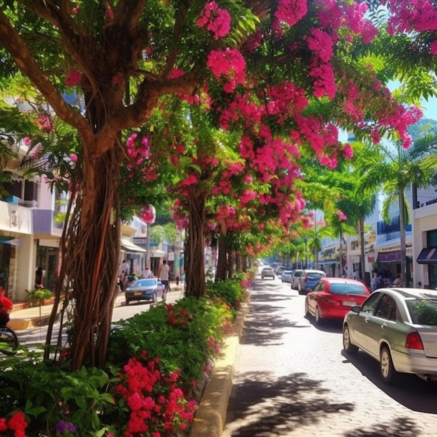 una hermosa calle además de coches y árboles