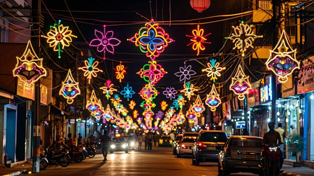 Una hermosa calle decorada con luces de colores por la noche